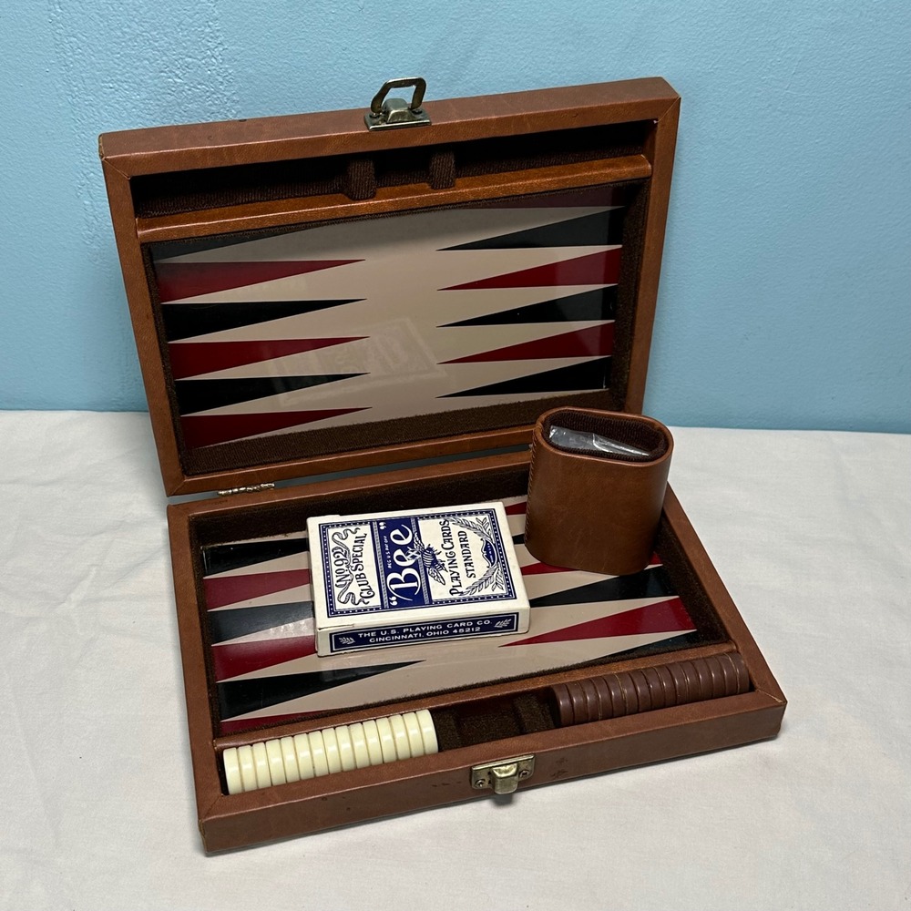Vintage Backgammon Travel Set Brown Faux Leather Case Bee Playing Cards Dice